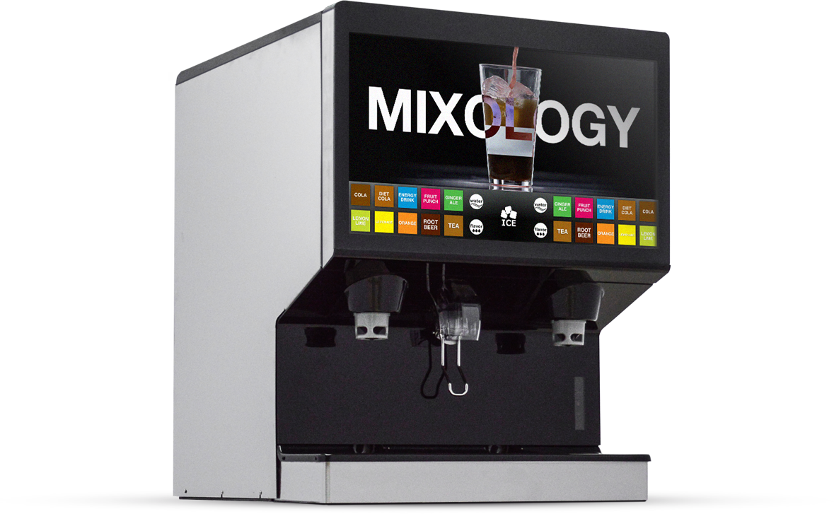 A modern countertop beverage dispenser with a touchscreen displaying MIXOLOGY, an image of a fizzy drink, and colorful drink icons. Below the screen are two dispensers, an ice chute, and a drip tray. The machine is sleek in silver and black.