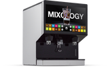 A modern countertop beverage dispenser with a touchscreen displaying MIXOLOGY, an image of a fizzy drink, and colorful drink icons. Below the screen are two dispensers, an ice chute, and a drip tray. The machine is sleek in silver and black.
