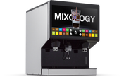 A digital merchandising screen crowns this Ice & Post-Mix Beverage Dispenser, displaying “MIXOLOGY” above colorful drink options. Two nozzles with cold carbonation rest above a drip tray, ready to serve refreshing sodas with ice.
