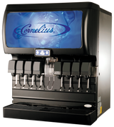 A black Cornelius ice and beverage dispenser with eight drink dispensers, a central ice chute, and a blue-lit display panel featuring the Cornelius logo on top. The countertop beverage dispenser includes a drip tray to catch spills.