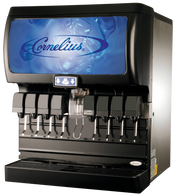 A black Cornelius ice and beverage dispenser with eight drink dispensers, a central ice chute, and a blue-lit display panel featuring the Cornelius logo on top. The countertop beverage dispenser includes a drip tray to catch spills.