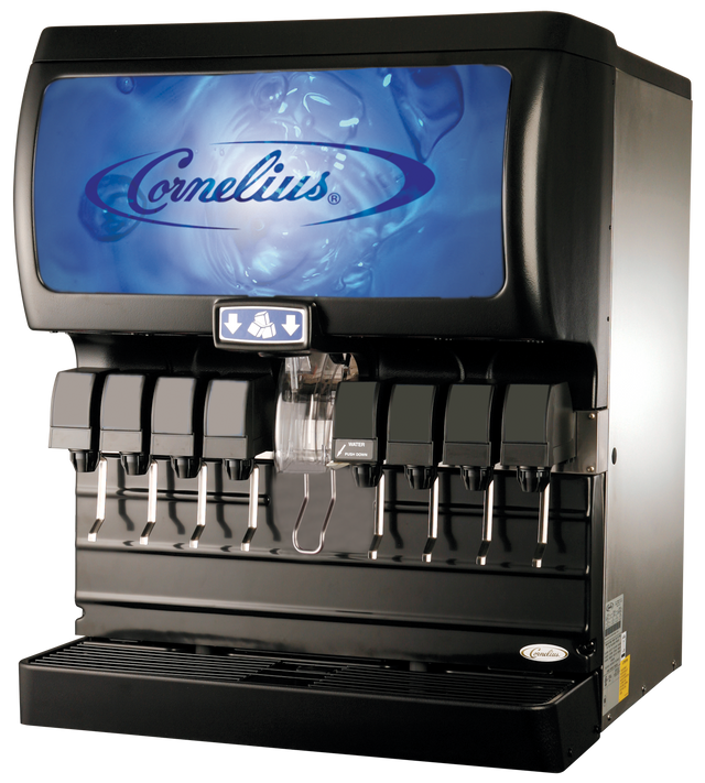 A black Cornelius ice and beverage dispenser with eight drink dispensers, a central ice chute, and a blue-lit display panel featuring the Cornelius logo on top. The countertop beverage dispenser includes a drip tray to catch spills.