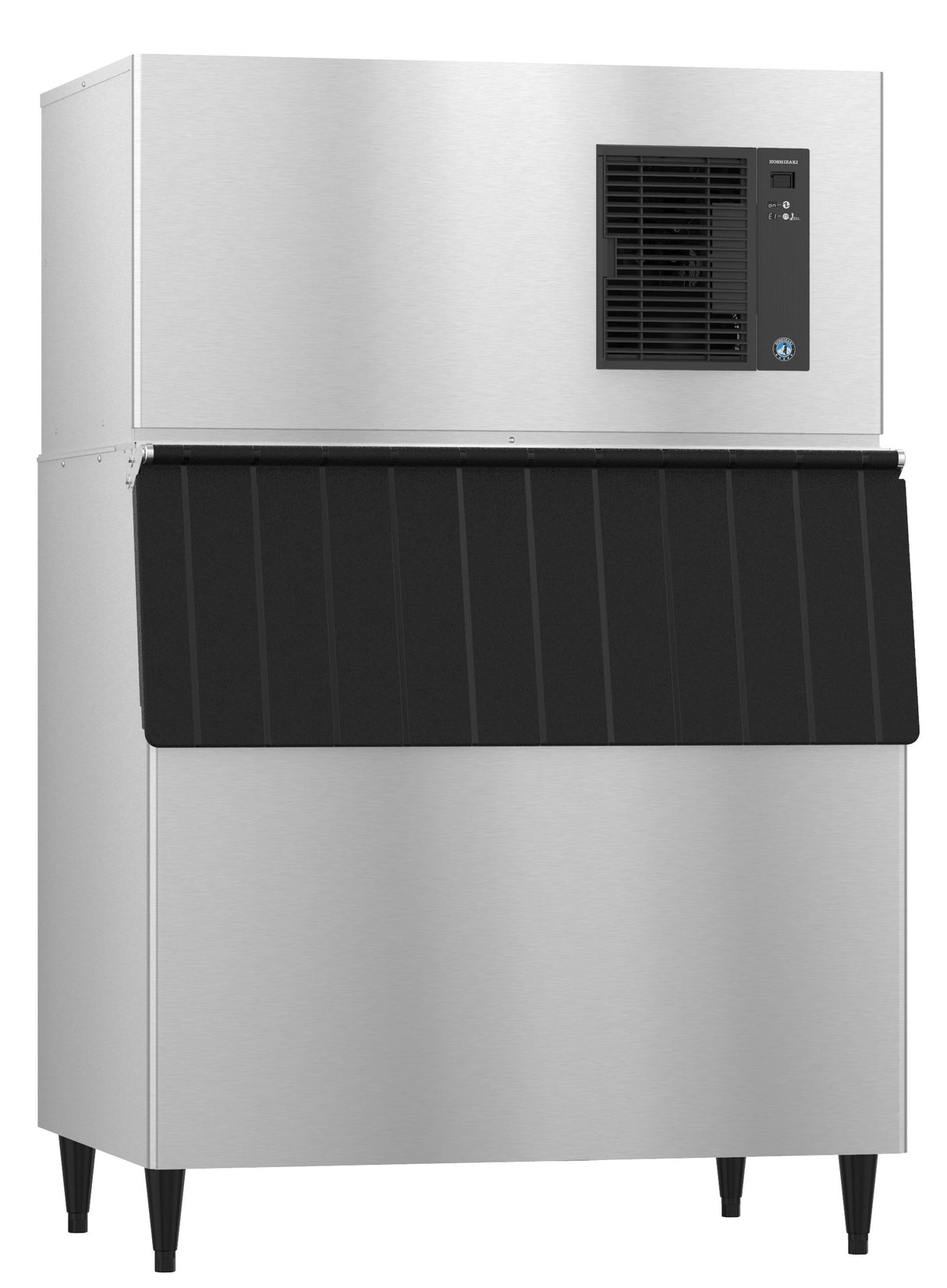 A large commercial Hoshizaki cube-style ice maker with a black front panel and ventilation grill on the upper right side. The machine has four short black legs and a rectangular, industrial design ideal for restaurants or commercial kitchens.