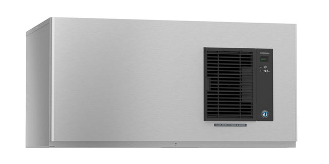 A stainless steel rectangular wall-mounted Hoshizaki air conditioning unit with a black vent and control panel featuring indicator lights and buttons on the front right side. The overall design is modern and industrial, with a clean, brushed metal surface.