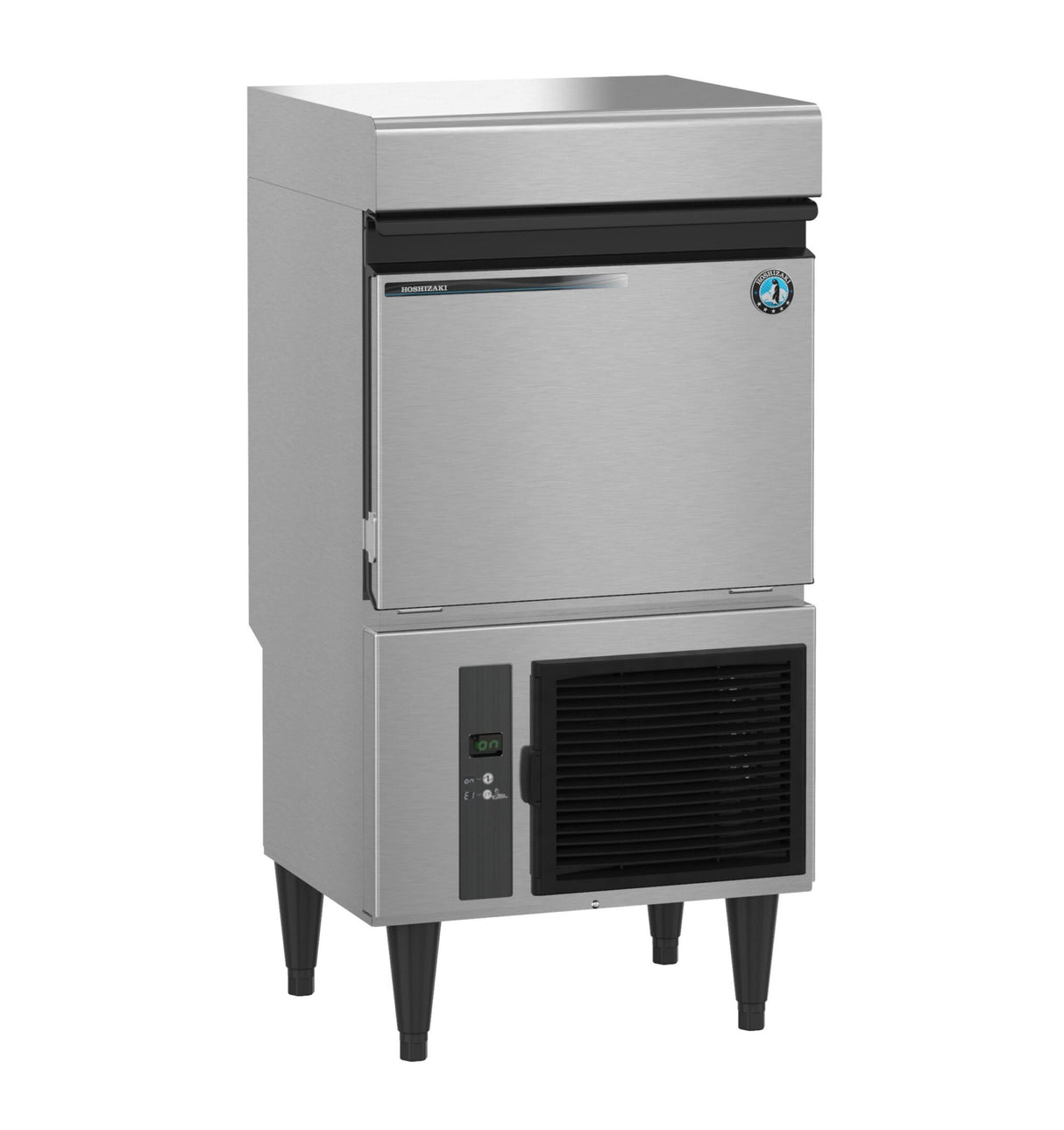 A Hoshizaki commercial stainless steel Specialty Cube-Style Ice Maker with a top ice bin, drop-down front door, lower ventilation panel with power switch, four black legs, and a blue and white circular badge on the upper right door.
