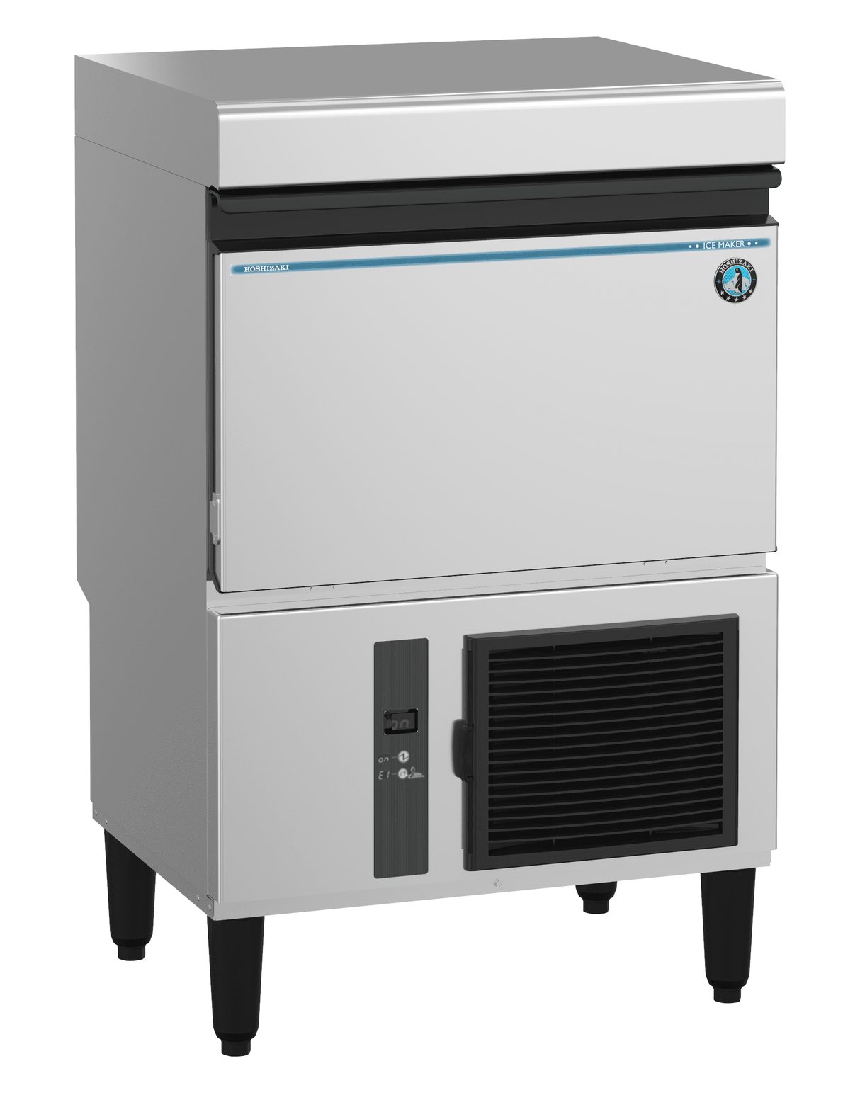 A Hoshizaki commercial ice maker with a stainless steel body, black adjustable legs, a front door, and a vented cooling unit below. The machine features clean lines, a modern design, and produces sphere ice cubes for premium chilling.