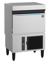 A Hoshizaki commercial ice maker with a stainless steel body, black adjustable legs, a front door, and a vented cooling unit below. The machine features clean lines, a modern design, and produces sphere ice cubes for premium chilling.