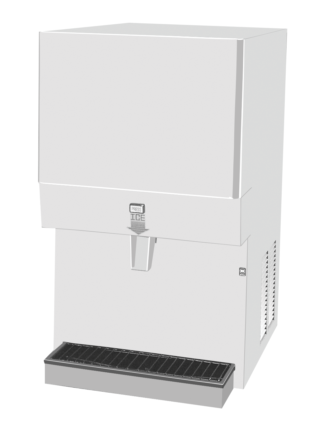 A white, box-shaped Ice Maker Dispenser with a wide chute for nugget-style ice, a black drip tray at the bottom, and vent grilles on the side. The front displays a small sign labeled “ICE.” The machine stands alone against a plain background.