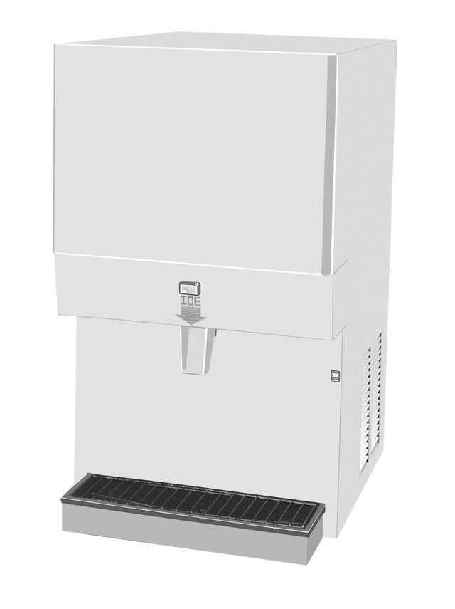 A white, box-shaped Ice Maker Dispenser with a wide chute for nugget-style ice, a black drip tray at the bottom, and vent grilles on the side. The front displays a small sign labeled “ICE.” The machine stands alone against a plain background.