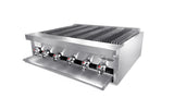 A stainless steel 36 inch countertop gas charbroiler with five black control knobs, cast iron radiants, wide parallel grates, a pull-out drip tray, and the CONNERTON brand name on the front panel. The background is plain white.