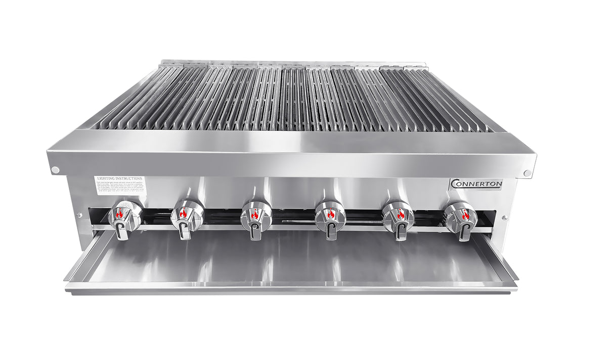 A commercial stainless steel countertop gas charbroiler with six control knobs featuring red arrows, a labeled tray beneath, cast iron radiants, a grill grate on top, and the Connerton brand name on the right front panel. Front angle on white background.