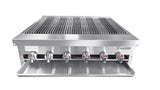 A commercial stainless steel countertop gas charbroiler with six control knobs featuring red arrows, a labeled tray beneath, cast iron radiants, a grill grate on top, and the Connerton brand name on the right front panel. Front angle on white background.