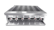 A commercial stainless steel countertop gas charbroiler with six control knobs featuring red arrows, a labeled tray beneath, cast iron radiants, a grill grate on top, and the Connerton brand name on the right front panel. Front angle on white background.