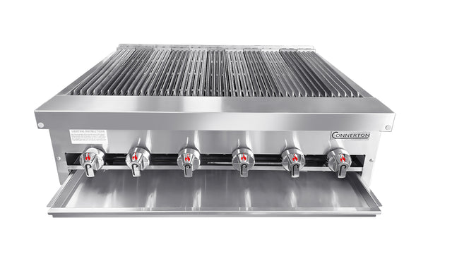 A commercial stainless steel countertop gas charbroiler with six control knobs featuring red arrows, a labeled tray beneath, cast iron radiants, a grill grate on top, and the Connerton brand name on the right front panel. Front angle on white background.