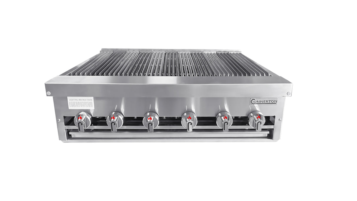 A 36 inch charbroiler with a stainless steel build features six control knobs, cast iron radiants, red indicator marks, and a grated cooking surface. “Convertion” is on the right; a caution label appears on the left. Background is plain white.