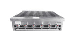 A 36 inch charbroiler with a stainless steel build features six control knobs, cast iron radiants, red indicator marks, and a grated cooking surface. “Convertion” is on the right; a caution label appears on the left. Background is plain white.