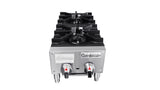 A stainless steel Connerton countertop gas stove with 2 burners, each controlled by a red-marked knob. Lighting instructions are on the front, and the stove stands on four metal legs against a white background.