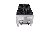 A stainless steel Connerton countertop gas stove with 2 burners, each controlled by a red-marked knob. Lighting instructions are on the front, and the stove stands on four metal legs against a white background.