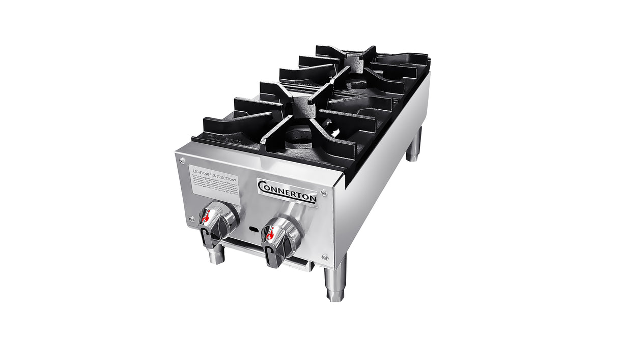 A stainless steel countertop gas hotplate with 2 burners, black cast iron grates, two control knobs with red indicators, and the Convertion brand label on the front. The burner stands on four short legs against a white background.