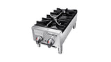 A stainless steel countertop gas hotplate with 2 burners, black cast iron grates, two control knobs with red indicators, and the Convertion brand label on the front. The burner stands on four short legs against a white background.