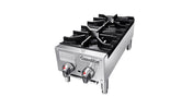 A stainless steel countertop gas hotplate with 2 burners, black cast iron grates, two control knobs with red indicators, and the Convertion brand label on the front. The burner stands on four short legs against a white background.