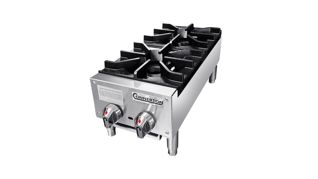 A stainless steel countertop gas hotplate with 2 burners, black cast iron grates, two control knobs with red indicators, and the Convertion brand label on the front. The burner stands on four short legs against a white background.