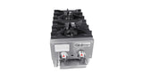 A commercial countertop gas stove hotplate with 2 burners features black cast iron grates, metal control knobs, and a stainless steel Connerton front panel. The image is shot from above and in front against a white background.