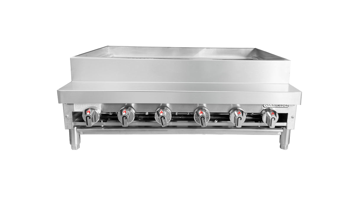 A commercial stainless steel countertop gas range with six control knobs, a raised back guard, and sturdy legs. Ideal for heavy-duty kitchen use, it features a clean industrial surface and is perfect for pairing with a gas broiler or Kabob broiler.