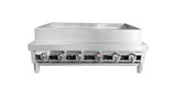 A commercial stainless steel countertop gas range with six control knobs, a raised back guard, and sturdy legs. Ideal for heavy-duty kitchen use, it features a clean industrial surface and is perfect for pairing with a gas broiler or Kabob broiler.