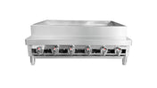 A commercial stainless steel countertop gas range with six control knobs, a raised back guard, and sturdy legs. Ideal for heavy-duty kitchen use, it features a clean industrial surface and is perfect for pairing with a gas broiler or Kabob broiler.