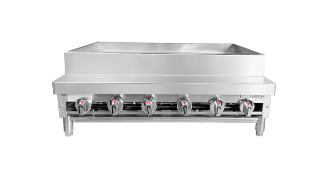 A commercial stainless steel countertop gas range with six control knobs, a raised back guard, and sturdy legs. Ideal for heavy-duty kitchen use, it features a clean industrial surface and is perfect for pairing with a gas broiler or Kabob broiler.