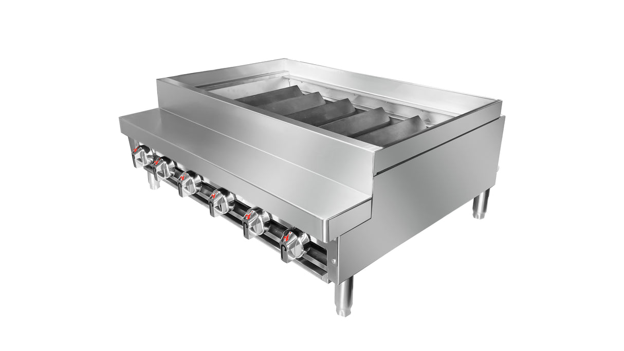 A commercial stainless steel gas countertop charbroiler with five control knobs, raised backsplash, sturdy legs, and powerful gas burners. The grill features wide grates and a sleek, industrial design, photographed on a white background.