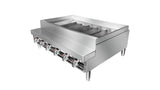 A commercial stainless steel gas countertop charbroiler with five control knobs, raised backsplash, sturdy legs, and powerful gas burners. The grill features wide grates and a sleek, industrial design, photographed on a white background.