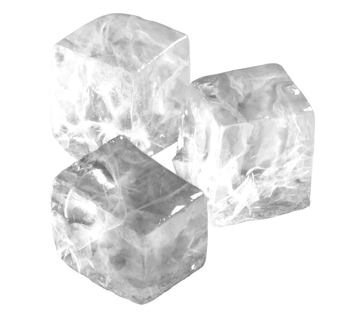 Three clear ice cubes, made by a Hoshizaki Cube-Style Ice Maker, are shown on a white background. They have a slightly cloudy appearance with visible cracks and bubbles inside, and their glossy surfaces reflect the light beautifully.