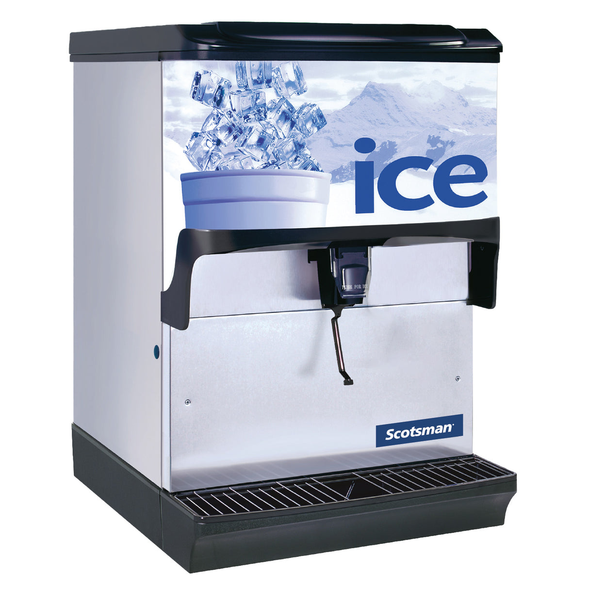 A commercial Scotsman Ice Dispenser featuring a 150 lb storage capacity, with a graphic of a cup filled with ice cubes and the word "ice" in bold blue letters. The machine includes an easy-use lever and a drip tray at the bottom.