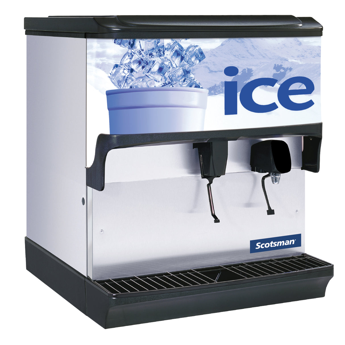 A commercial Scotsman Ice Dispenser with a stainless steel body and 200 lb storage capacity. Features a graphic of a cup and ice cubes, bold blue "ice" lettering, two black levers, drip tray, and is ideal as a counter model.