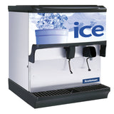 A commercial Scotsman Ice Dispenser with a stainless steel body and 200 lb storage capacity. Features a graphic of a cup and ice cubes, bold blue "ice" lettering, two black levers, drip tray, and is ideal as a counter model.