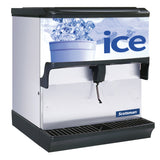 A Scotsman Ice Dispenser with a silver body and black trim. The front features a cup filled with ice cubes, snow, and “ice” in bold blue letters. With a 200 lb storage capacity, it's perfect for busy commercial settings. Brand logo on lower right corner.