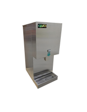 A commercial self-contained ice maker stands on a white background. It has a rectangular body with a chute for dispensing ice and a metal grate tray below to catch overflow. A small blue sign labeled “PUSH FOR ICE” is visible near the chute.