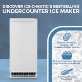 A white undercounter ice maker stands against a blue background. Bold text above reads, “Discover Ice-O-Matic’s Bestselling Pearl Ice Maker.” Feature icons highlight pearl ice, 85 lb daily production, and a convenient included ice scoop.