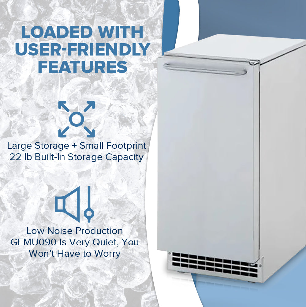 A sleek silver commercial nugget ice machine stands on a blue-and-white background with ice cubes. Text highlights “Loaded With User-Friendly Features,” like “Large Storage + Small Footprint, 22 lb Built-In Storage Capacity,” and “Low Noise Production, Very Quiet.”.