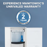 A Manitowoc undercounter ice maker with its door open is shown against a blue background. Above it, bold white text reads Experience Manitowoc’s Unrivaled Warranty and a circular badge displays Warranty 2 Year Parts & Labor.