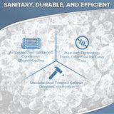 Infographic with ice chunk background and three icons. Text reads: “Sanitary, durable, and efficient.” Highlights include a commercial nugget ice machine’s air-cooled condenser, pure ice technology for odorless ice, and a stainless steel cabinet for durability.