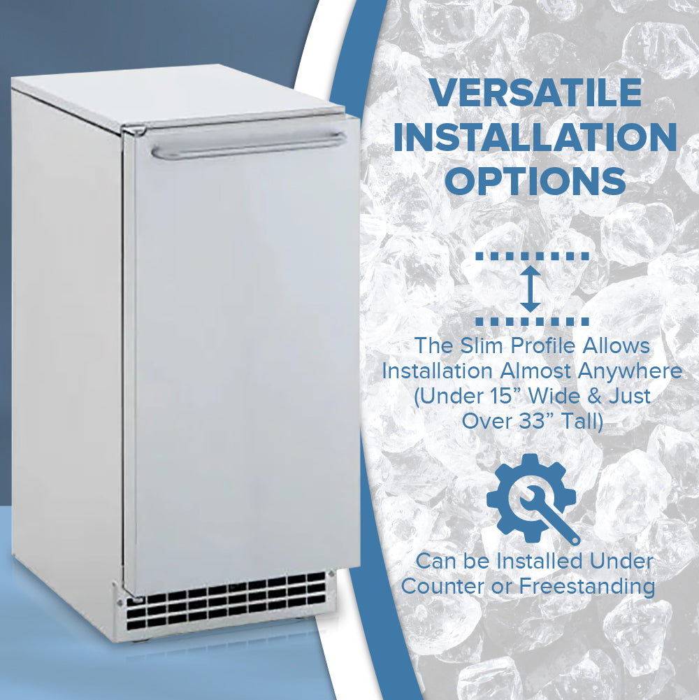 A slim, white undercounter ice maker with a handle is shown on an ice-textured background. Text reads: Versatile installation options. The slim profile fits almost anywhere—under counter or freestanding—for fresh ice anytime.