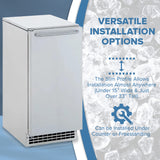 A slim, white undercounter ice maker with a handle is shown on an ice-textured background. Text reads: Versatile installation options. The slim profile fits almost anywhere—under counter or freestanding—for fresh ice anytime.