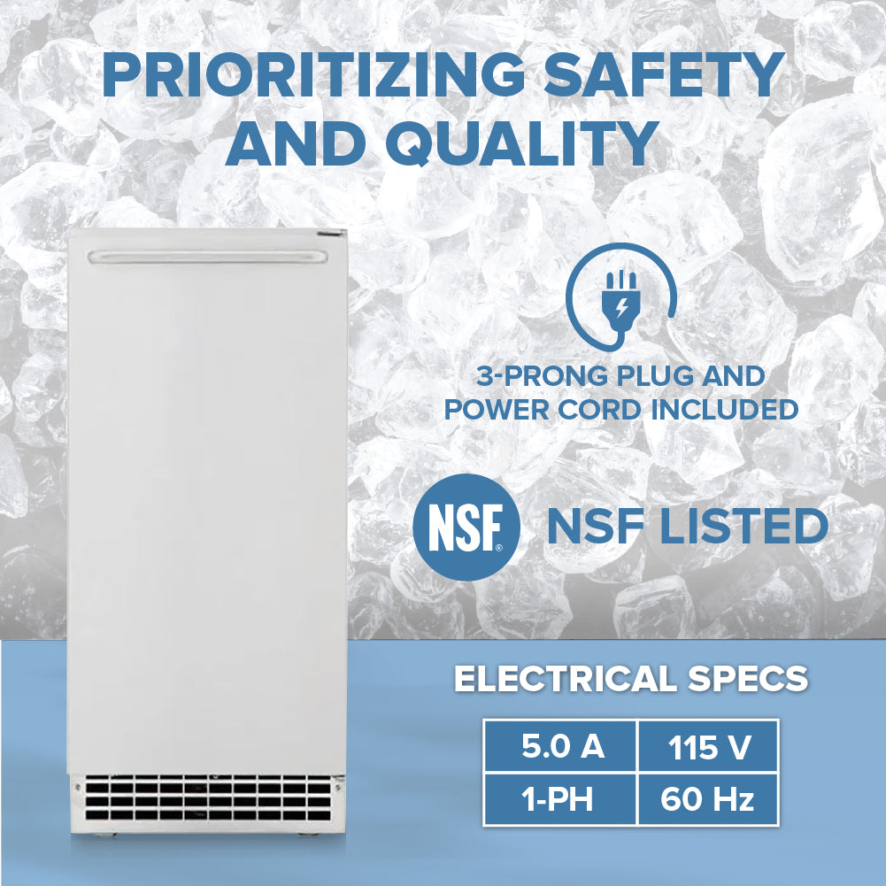 A white upright pearl ice maker is shown against an ice background. Text highlights “Prioritizing Safety and Quality” and notes it is NSF listed, with a 3-prong plug, power cord included, and electrical specs: 5.0A, 115V, 1-PH, 60Hz.