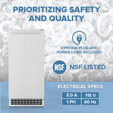 A white upright pearl ice maker is shown against an ice background. Text highlights “Prioritizing Safety and Quality” and notes it is NSF listed, with a 3-prong plug, power cord included, and electrical specs: 5.0A, 115V, 1-PH, 60Hz.