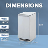 A sleek, silver undercounter ice maker is set against a blue background. White text highlights its dimensions: width 14-7/8, depth 23-7/8, height 34-3/8 with 1 legs. A labeled diagram displays these measurements on the appliance.