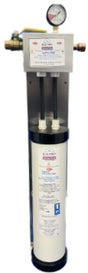 A tall, cylindrical ICEPRO 2500R water filtration system by Icetro America features a pressure gauge, input/output pipes, control box, and labels; the unit is mounted on a vertical metal bracket for easy replacement cartridge access.