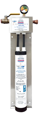 A vertical IcePro Series Water Filtration System mounted on a metal bracket, designed as an ice machine water filter. It features a pressure gauge at the top, two black hoses, and a cylindrical “IOETRO America” filter with product details on its label.